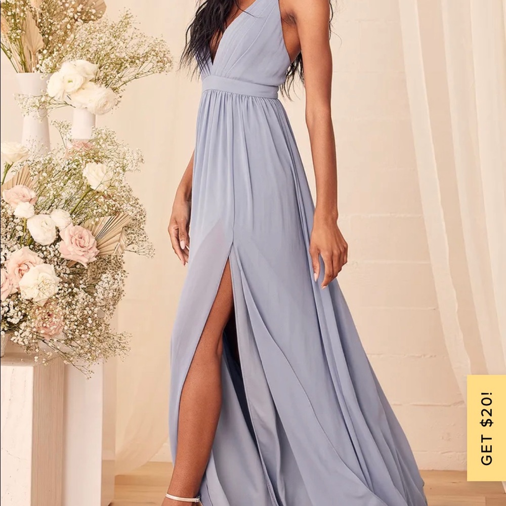 Lulu’s Ballroom Bliss Slate Blue Pleated Maxi Dress